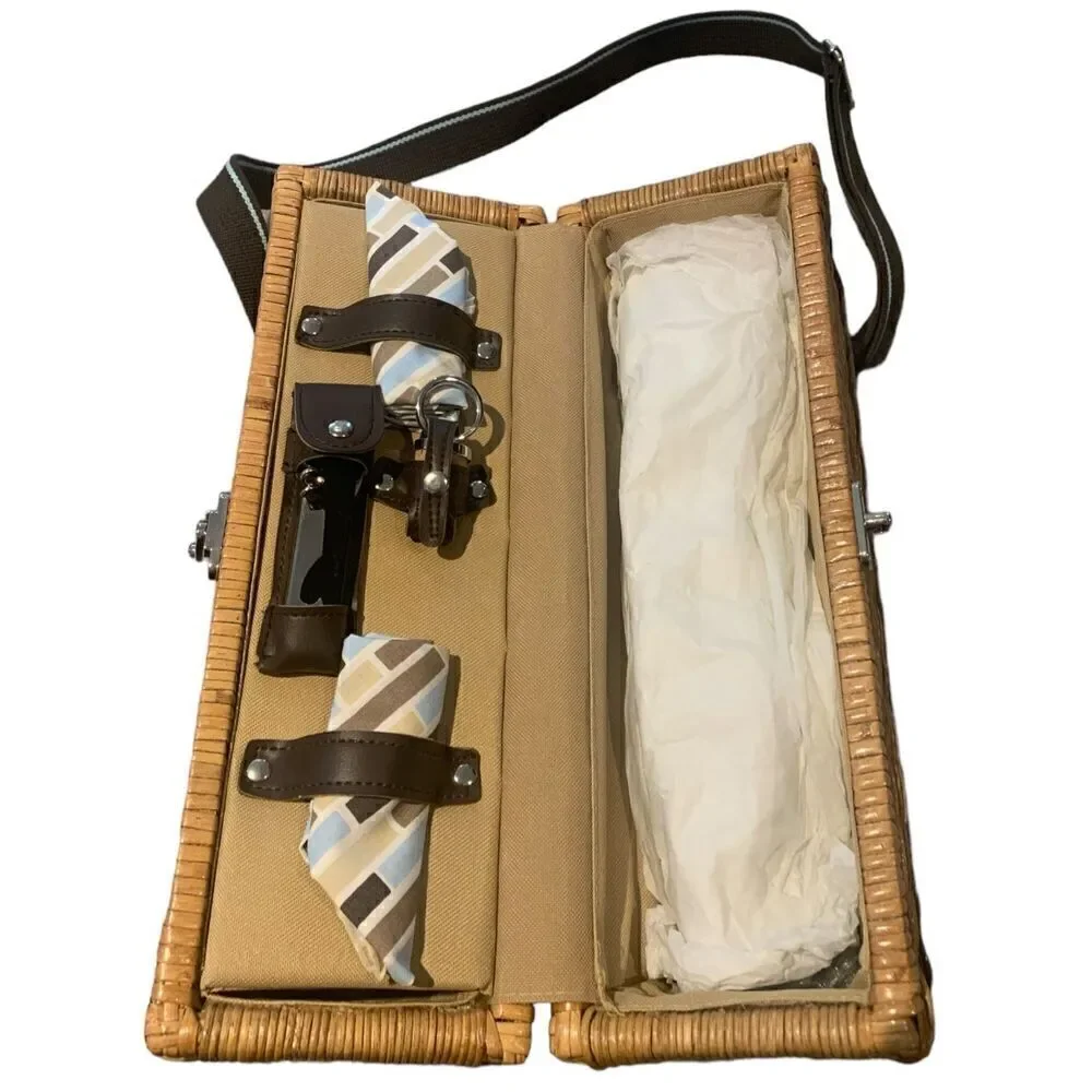 New Wicker Wine Picnic Basket Carry Strap Bottle Stopper Opener Date Night 2 Gla